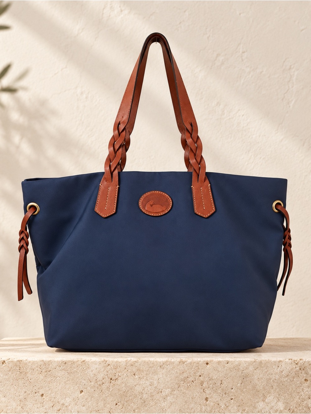 Dooney & Bourke Nylon Shopper Tote Navy Vacchetta Leather Braided Shoulder Bag